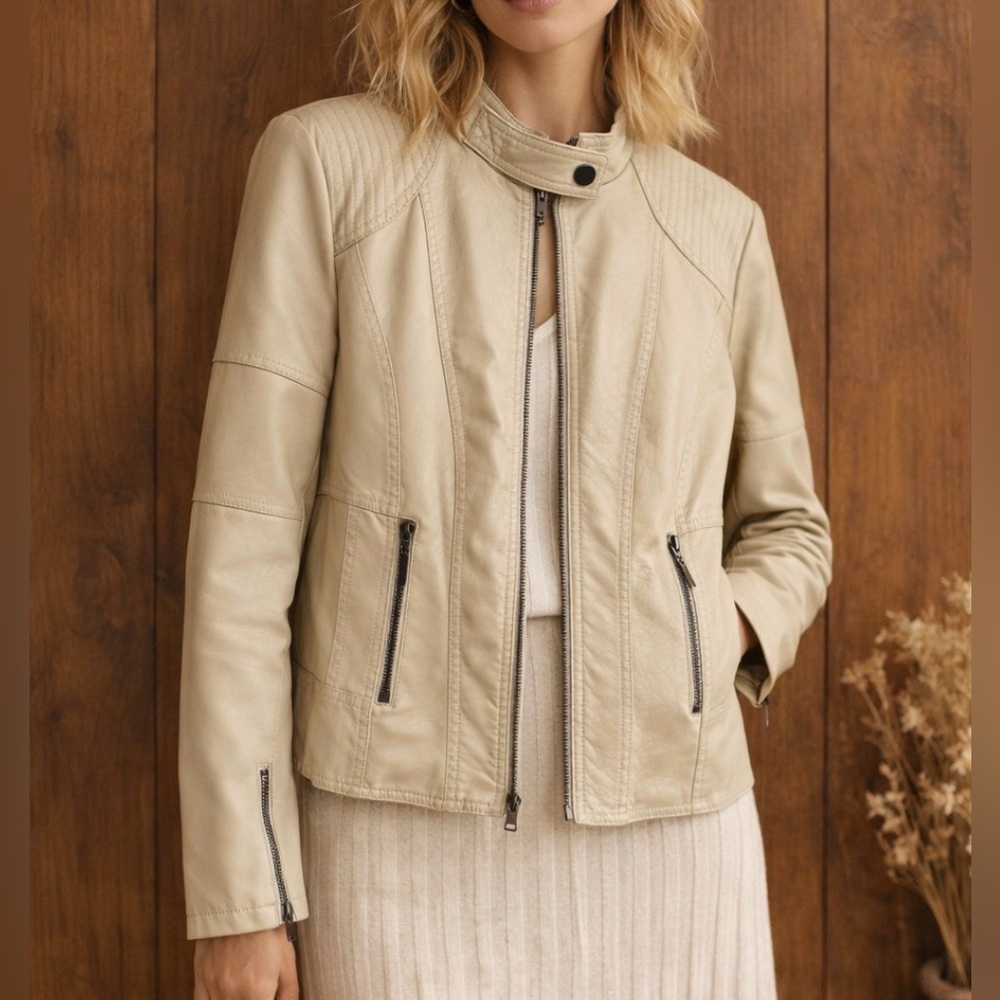 Max Edition Cream Faux Leather Moto Jacket – Size L